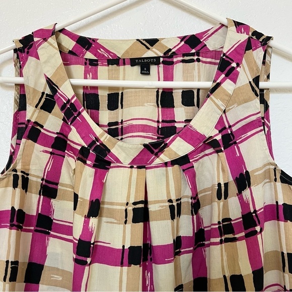2/$30 Talbots Sleeveless Cotton Blouse Top in Pink and Tan plaid SZ 8 - Picture 2 of 8